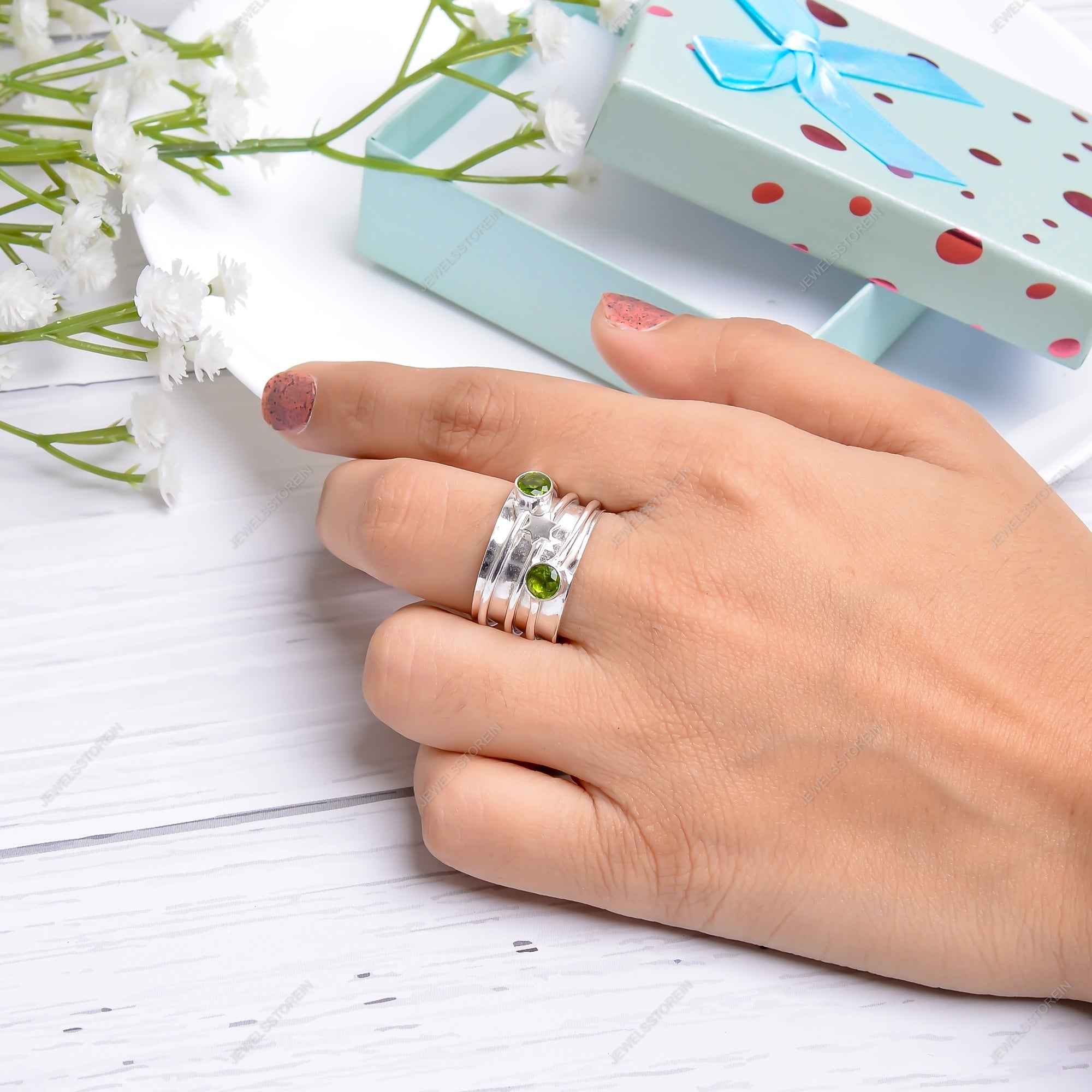 Peridot Sterling Silver Ring handmade Gemstone Ring, Spinner Ring