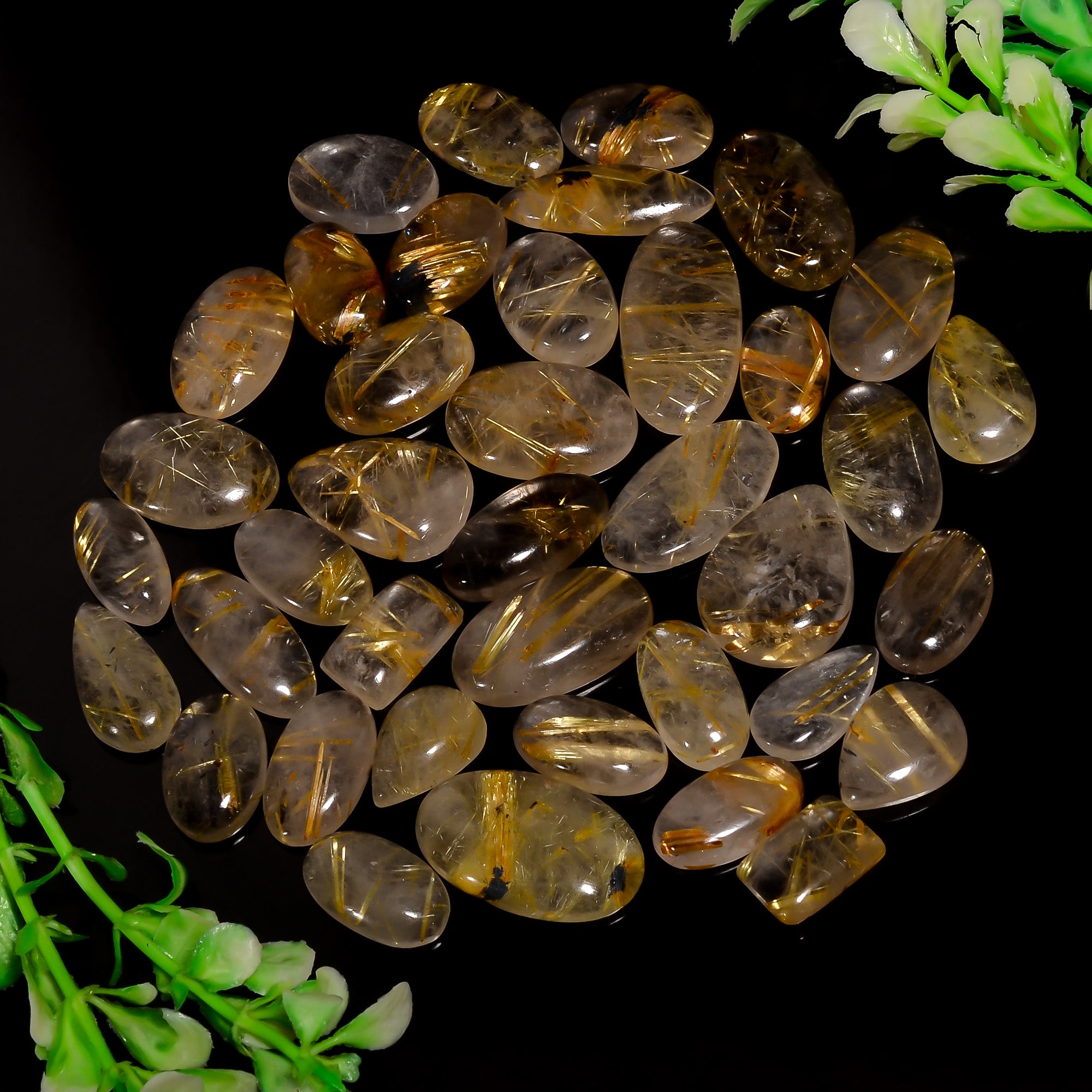 Wholesale Natural Golden Rutile Quartz Cabochon Gemstone Lot – High Quality for Jewelry Making