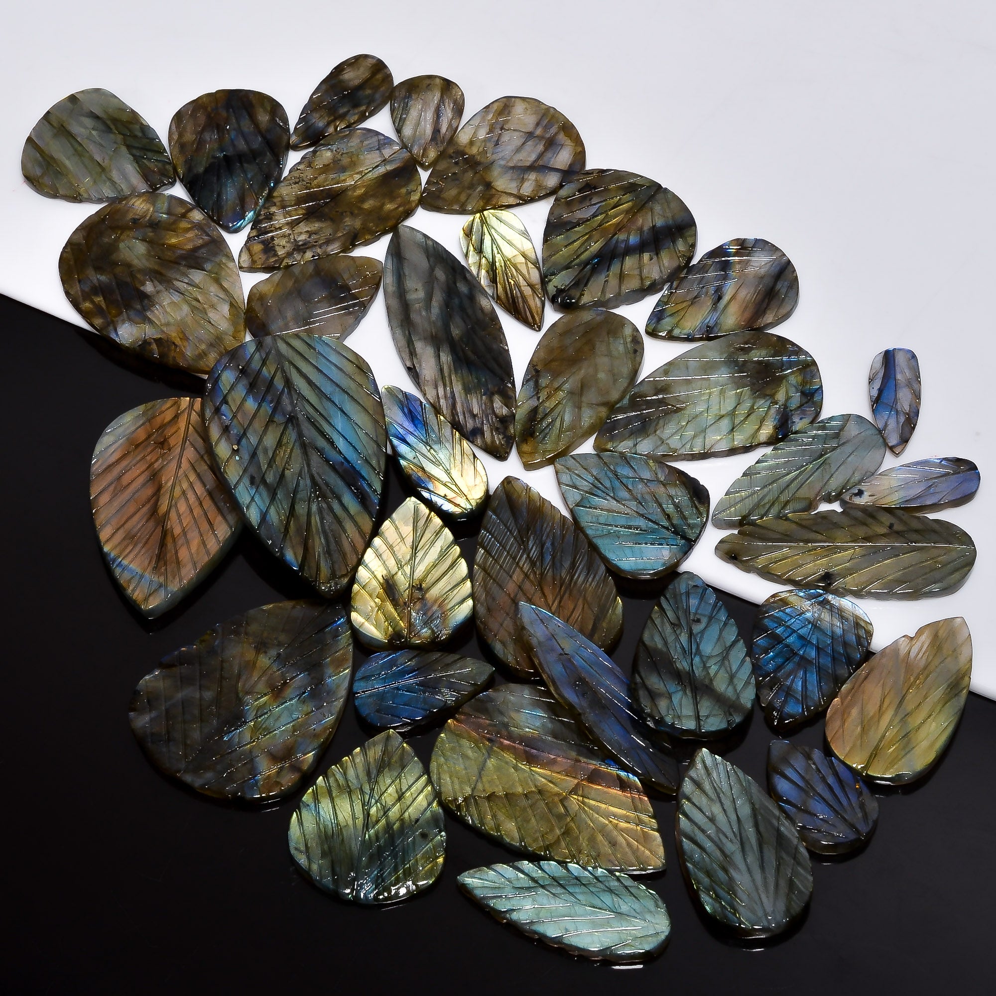 Natural Labradorite Carving Leaves Cabochons in Bulk – Wholesale Gemstone Lot for Designers