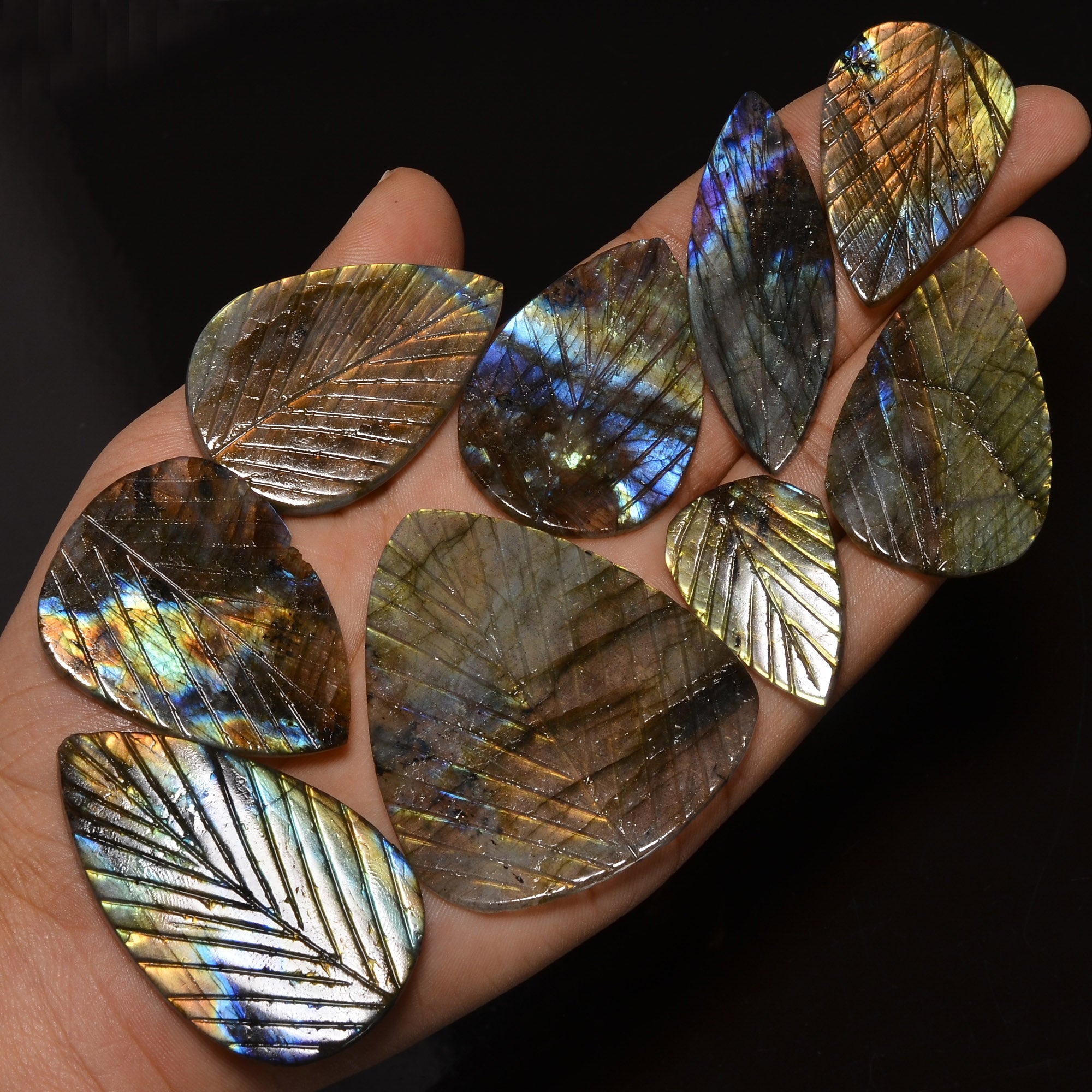 Natural Labradorite Carving Leaves Cabochons in Bulk – Wholesale Gemstone Lot for Designers