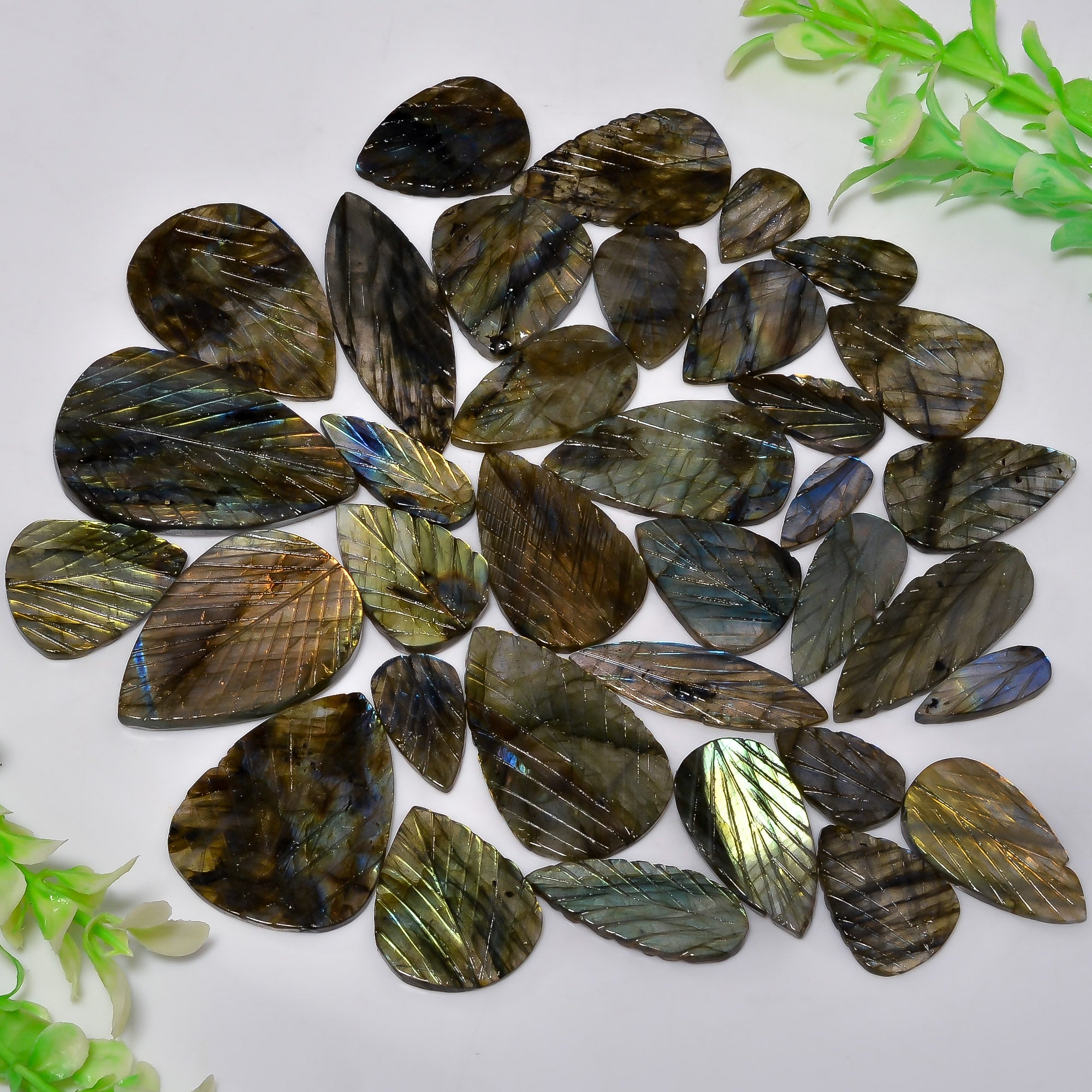  Natural Labradorite Carving Leaves Cabochons in Bulk – Wholesale Gemstone Lot for Designers