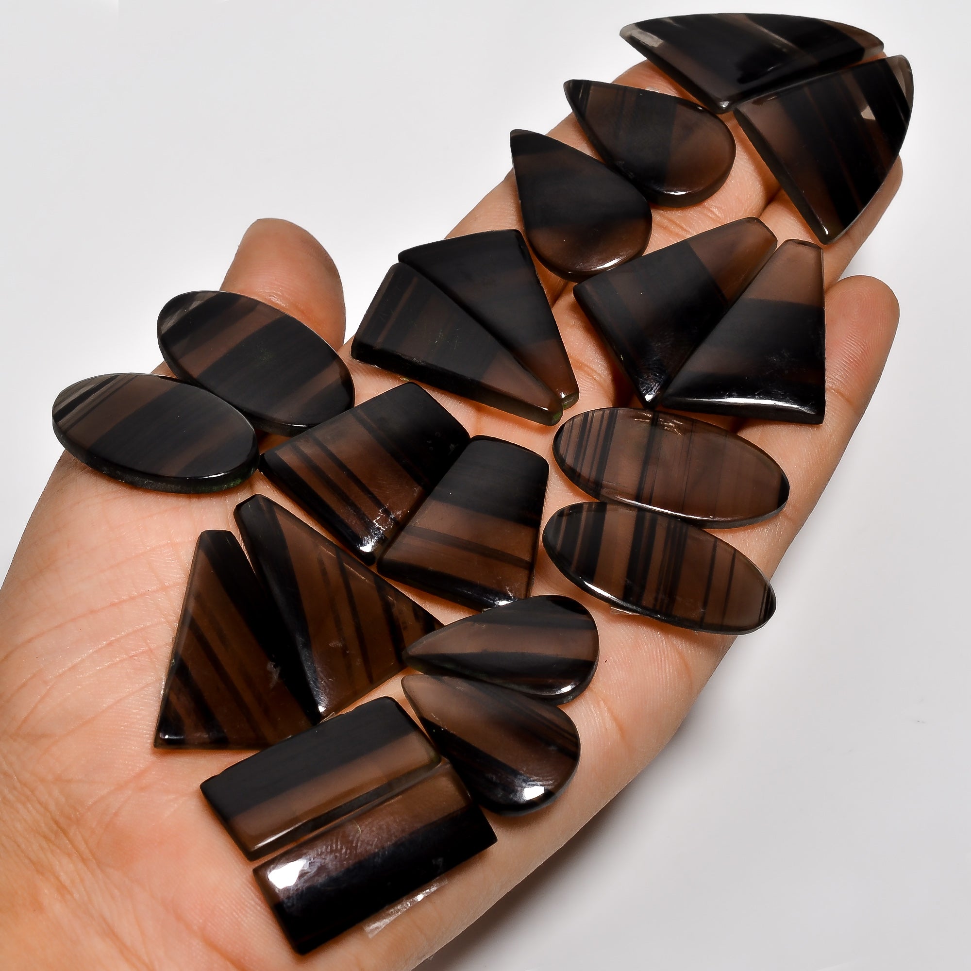 Polished Natural Midnight Obsidian Pair Cabochons – Mixed Sizes Wholesale Gemstone Lot