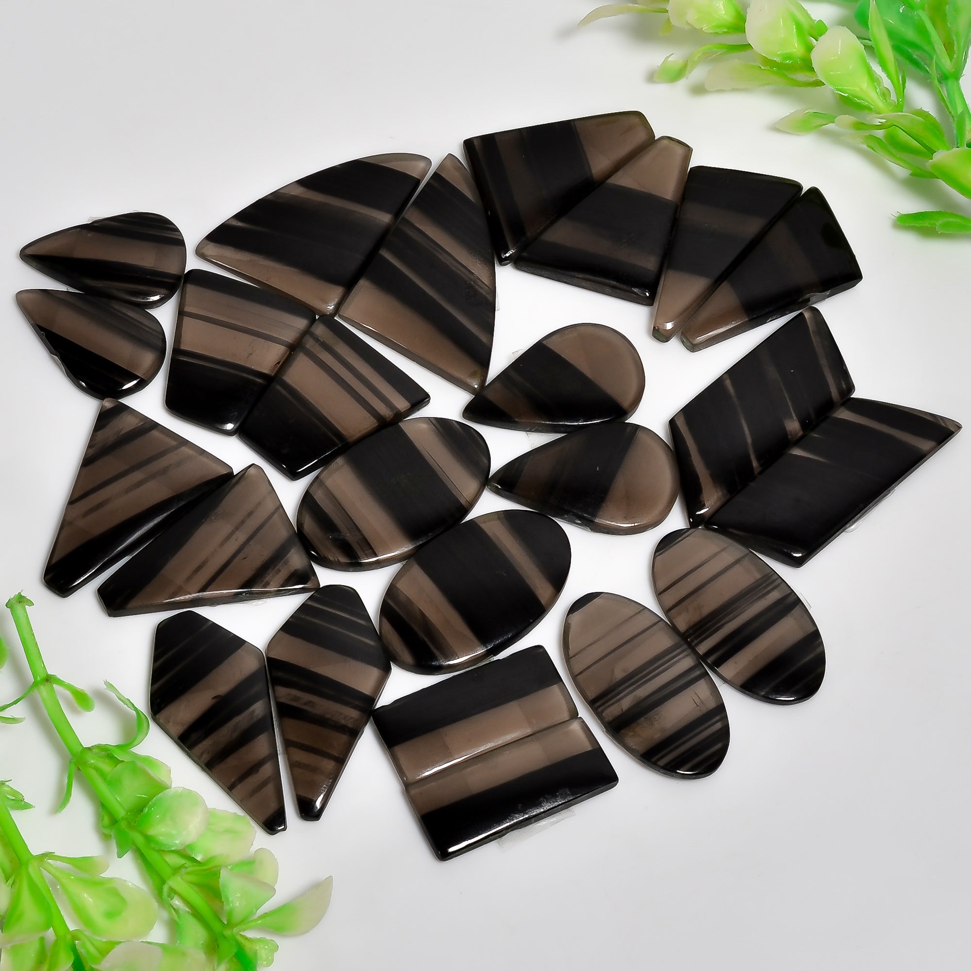 Polished Natural Midnight Obsidian Pair Cabochons – Mixed Sizes Wholesale Gemstone Lot