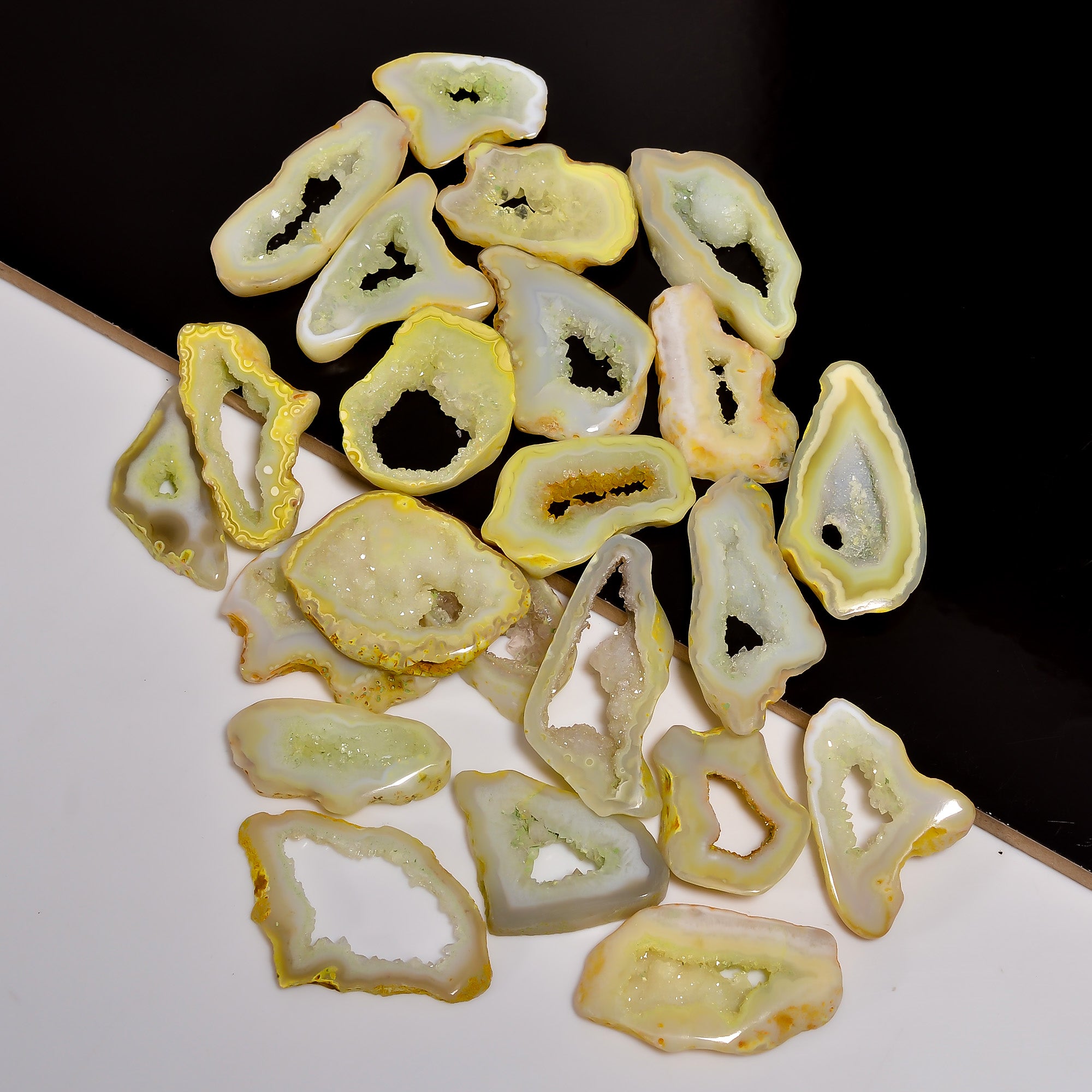 Wholesale Gem Supply – Hand-Polished Yellow Agate Druzy Cabochons