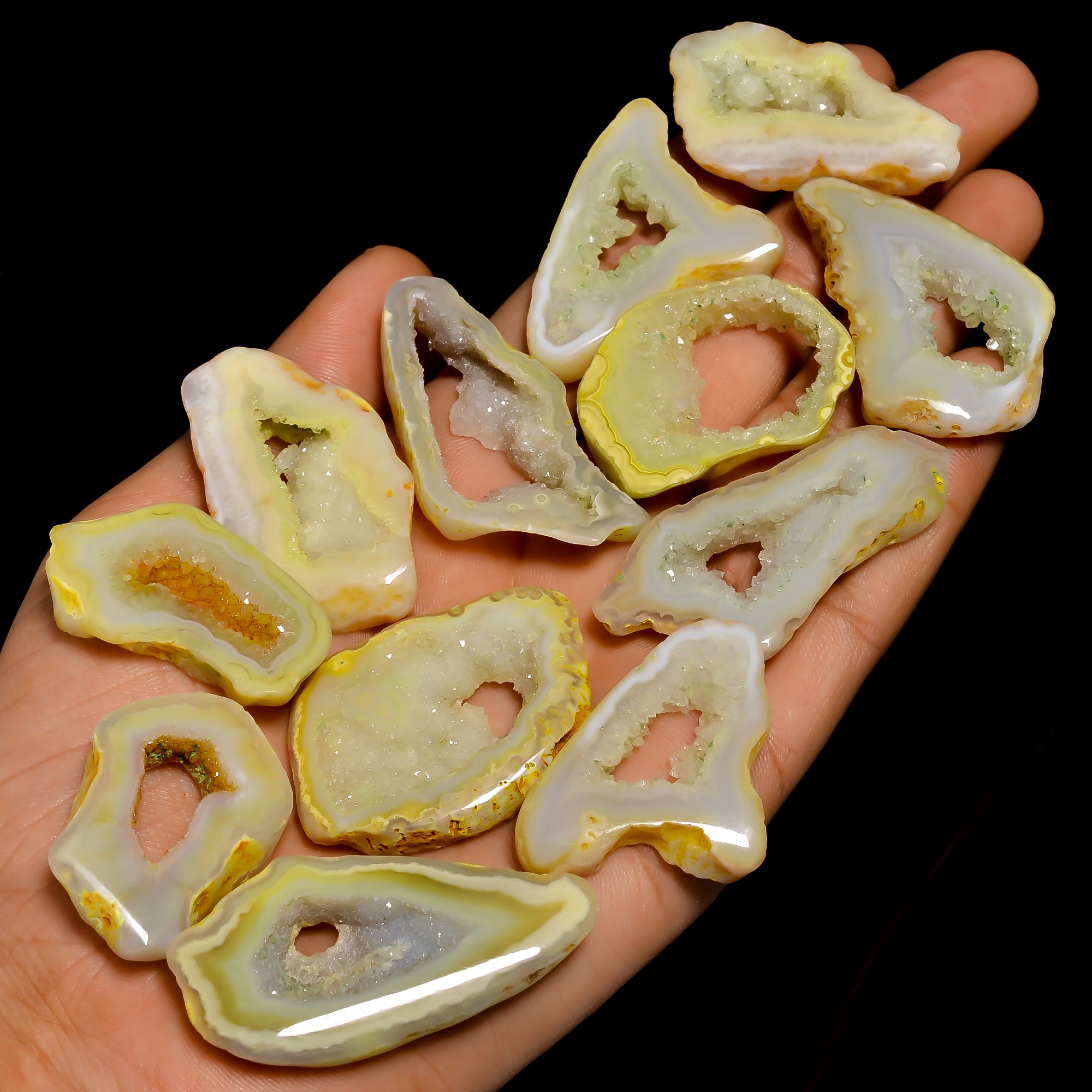 Wholesale Gem Supply – Hand-Polished Yellow Agate Druzy Cabochons