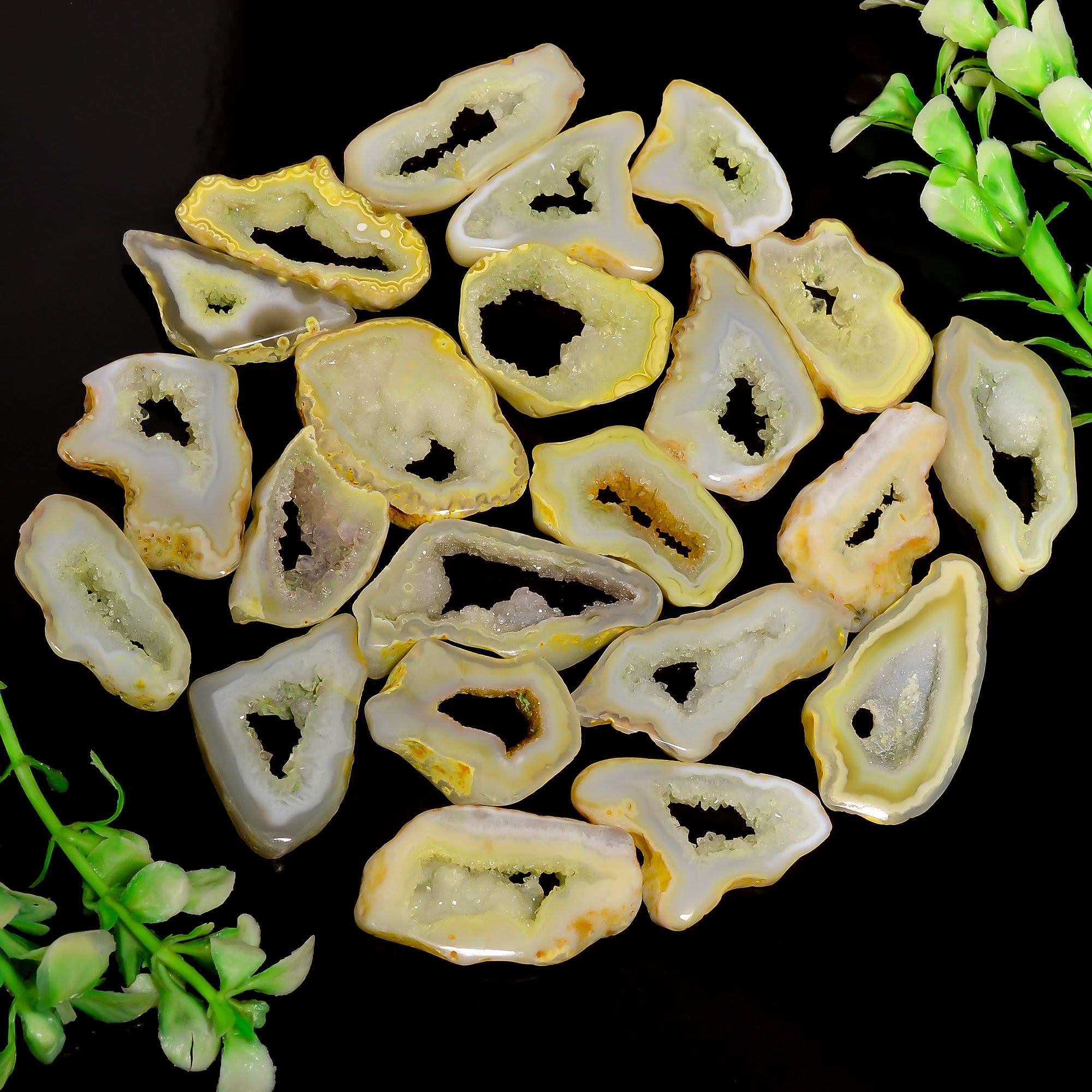 Wholesale Gem Supply – Hand-Polished Yellow Agate Druzy Cabochons