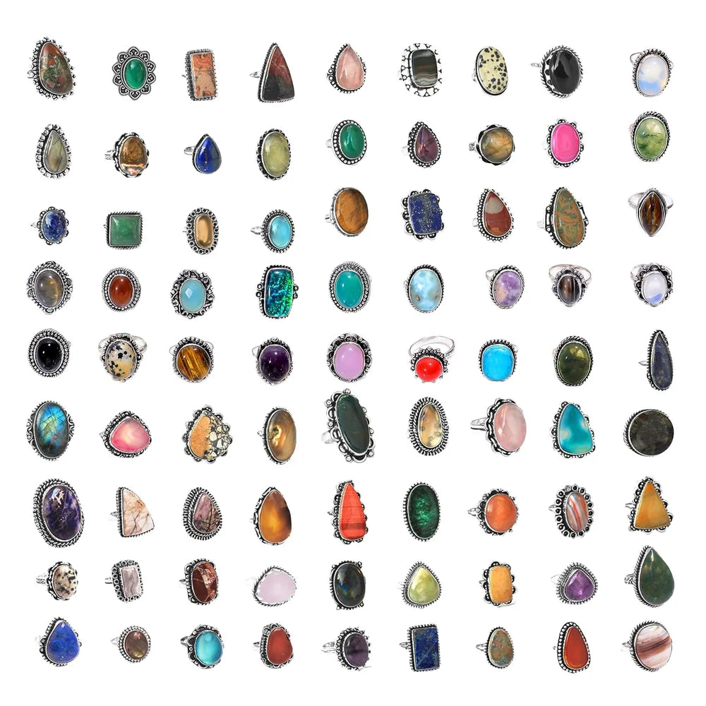 Natural Gemstone Rings Wholesale Lot Silver finish mix lot Gemstone Ring